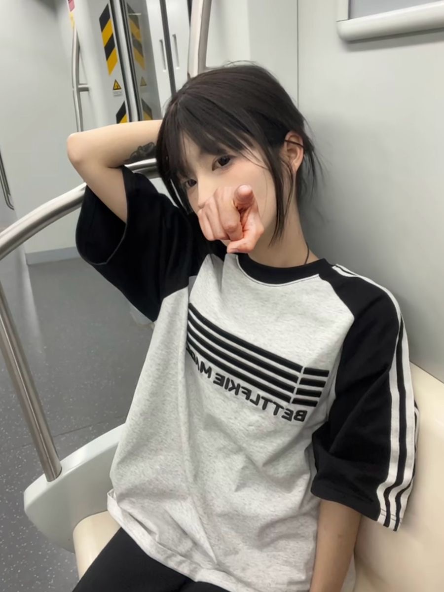 2024新款復古撞色拼接條紋短袖t恤女夏季寬鬆學院情侶百搭上衣潮