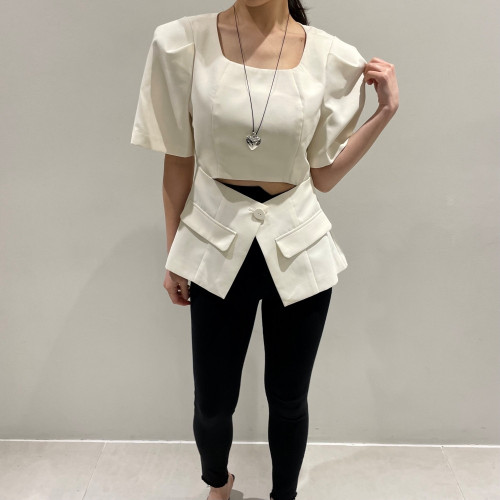 尺码更新韩国chic夏设计感西装口袋泡泡袖收腰显瘦短袖衬衫女