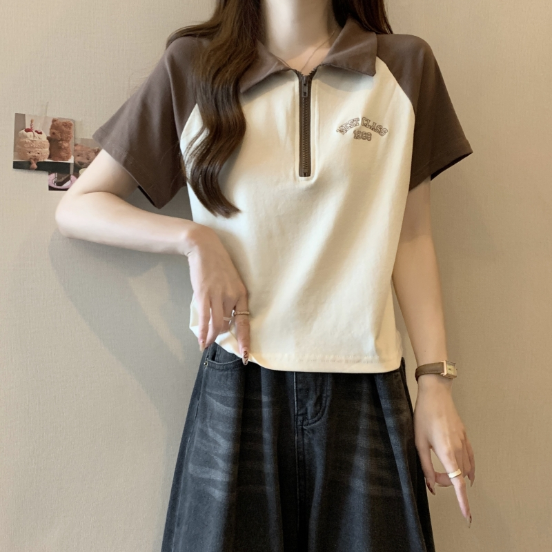 2024新款韓國實拍 40支純棉 2024夏裝刺繡POLO領短袖T恤女撞色