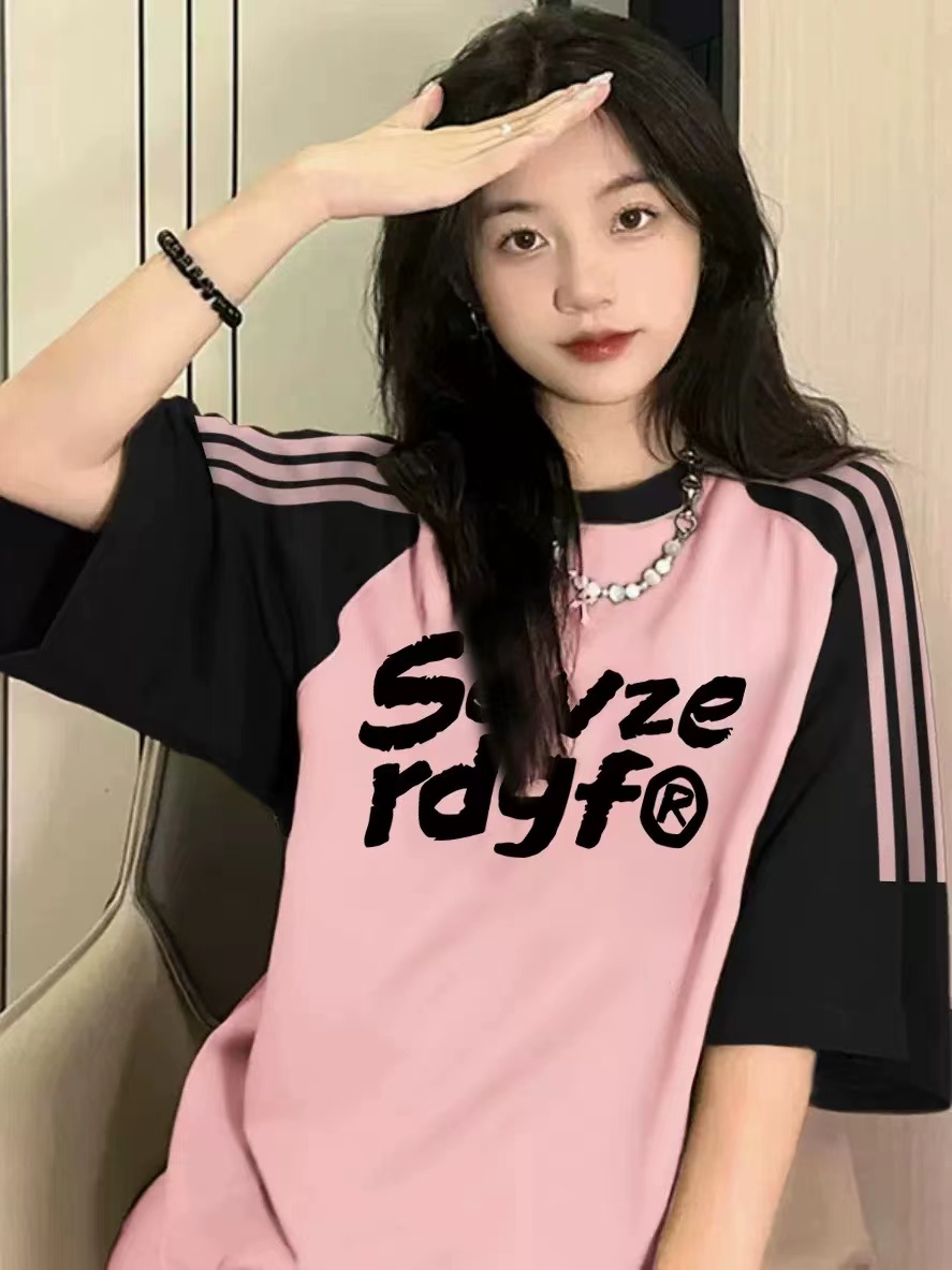 粉色撞色插肩三條槓短袖t恤女夏季新款設計感小眾多巴胺穿搭上衣