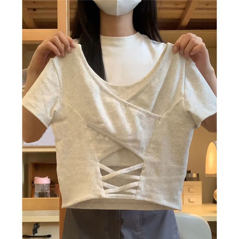 設計感夏季新款辣妹修身短款顯瘦露背帶胸墊百搭上衣短袖t恤女潮