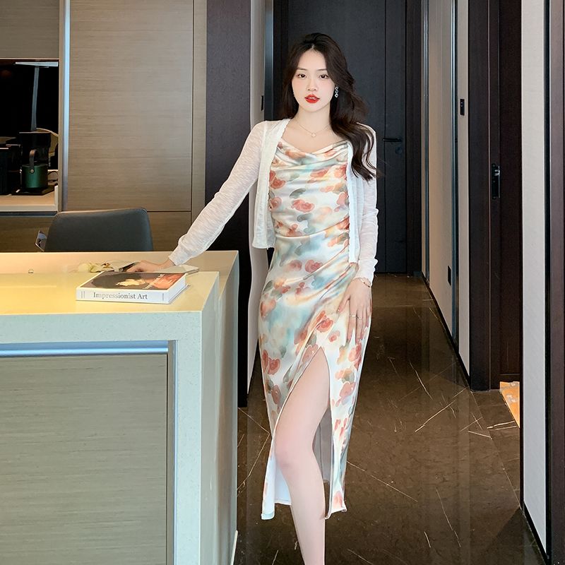實拍 2024夏季新款法式赫本風印花油畫緞面絕美吊帶碎花連衣裙女