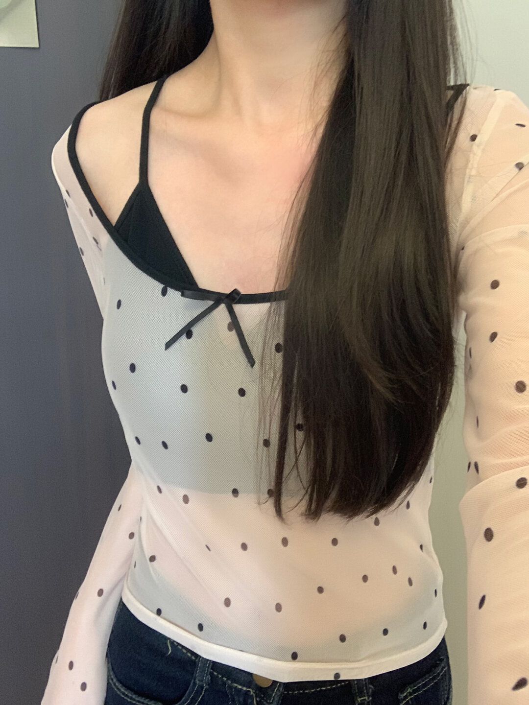 法式波點修身微透性感長袖上衣女韓版U領純欲打底衫兩件套防曬衣