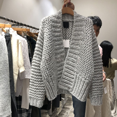非實拍慵懶風毛衣女開衫韓版粗線長袖V領繭型寬鬆美式復古毛衣