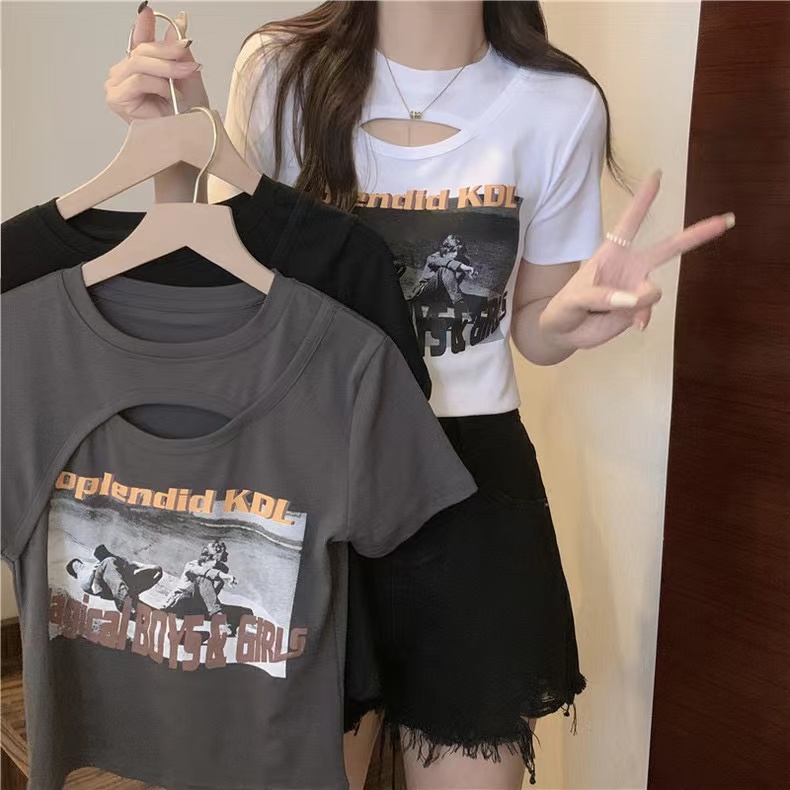 Real shot of summer pure cotton ribbed design niche hollow short chic top retro Hong Kong style navel-baring T-shirt for women