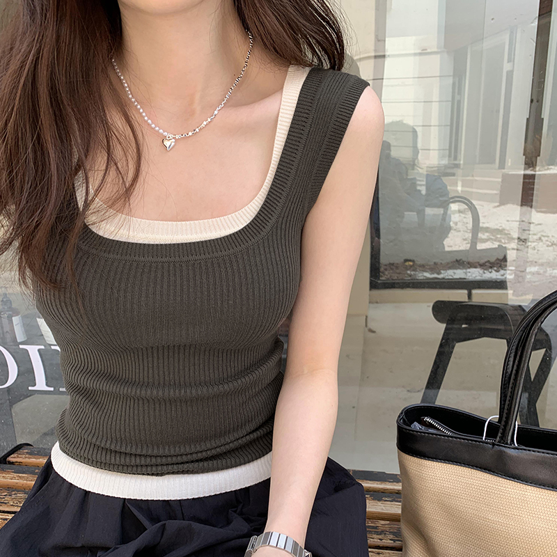 實拍圖寬肩帶吊帶背心外穿女2024春夏季新款修身顯瘦無袖針織上衣