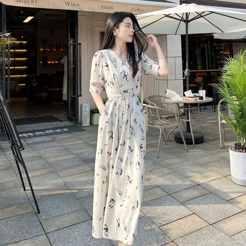 印花法式夏季英倫風休閒復古中長V領短袖收腰碎花港風設計雪紡長