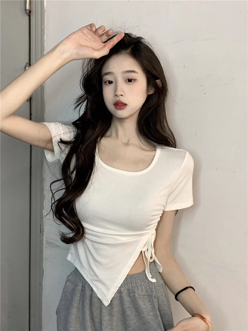 實拍~夏季辣妹短袖T恤女顯瘦短款設計感小眾獨特不規則上衣
