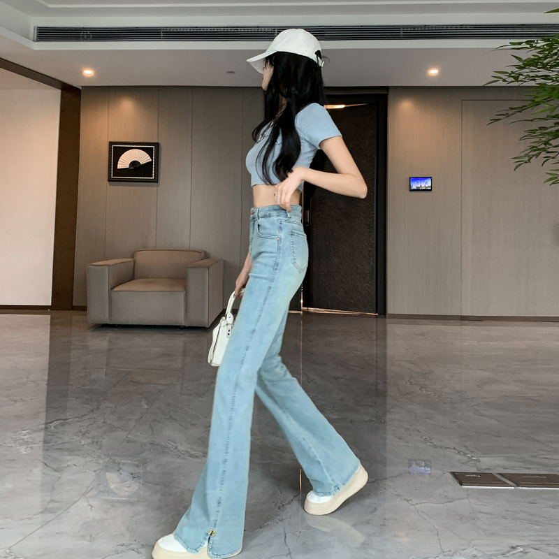實拍高質量軟糯修身設計款小開叉微喇牛仔褲女新款顯瘦百搭馬蹄褲