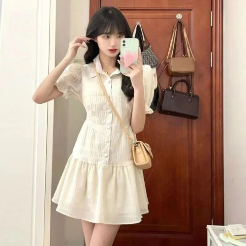 法式韩系甜美polo领连衣裙泡泡袖雪纺女夏设计感小众高腰气质短裙