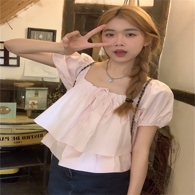 甜辣減齡泡泡袖襯衣2024早春新款粉色小衫女裝洋氣娃娃衫襯衫上衣