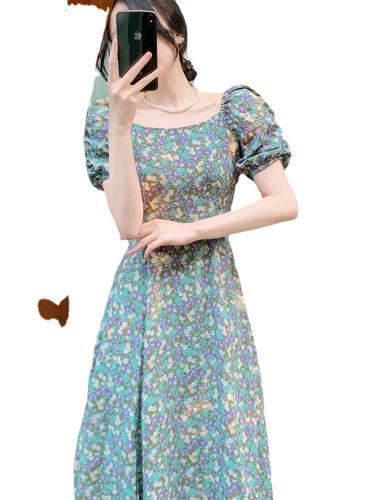 Tea-like Hepburn style French fairy style super fairy retro green floral square collar dress women's summer long dress