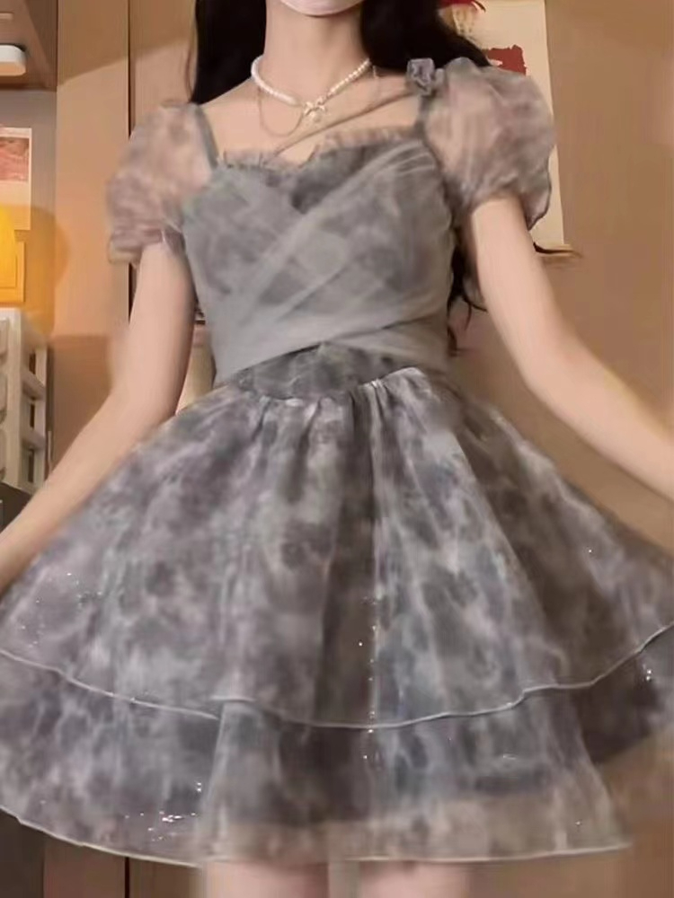 帶亮片小仙女超仙甜美蝴蝶結綁帶公主蓬蓬裙夏新款紗紗裙連衣裙