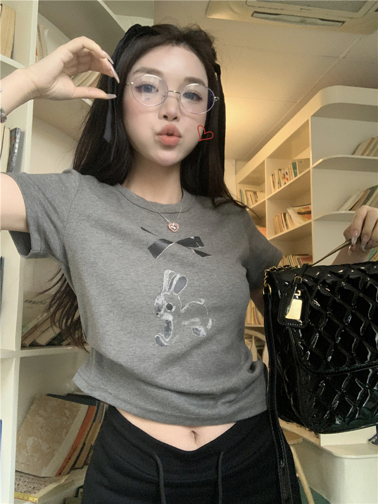 蝴蝶結兔子印花短袖T恤女春季設計感圓領打底衫灰色短款正肩上衣