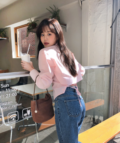Korean ins spring pink girl back strap long-sleeved shirt for women