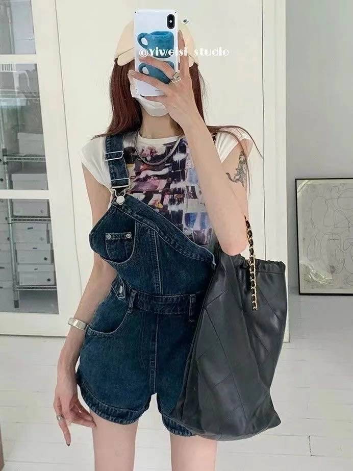 夏季設計感個性單肩帶牛仔背帶褲女不規則斜肩辣妹連體闊腿短褲