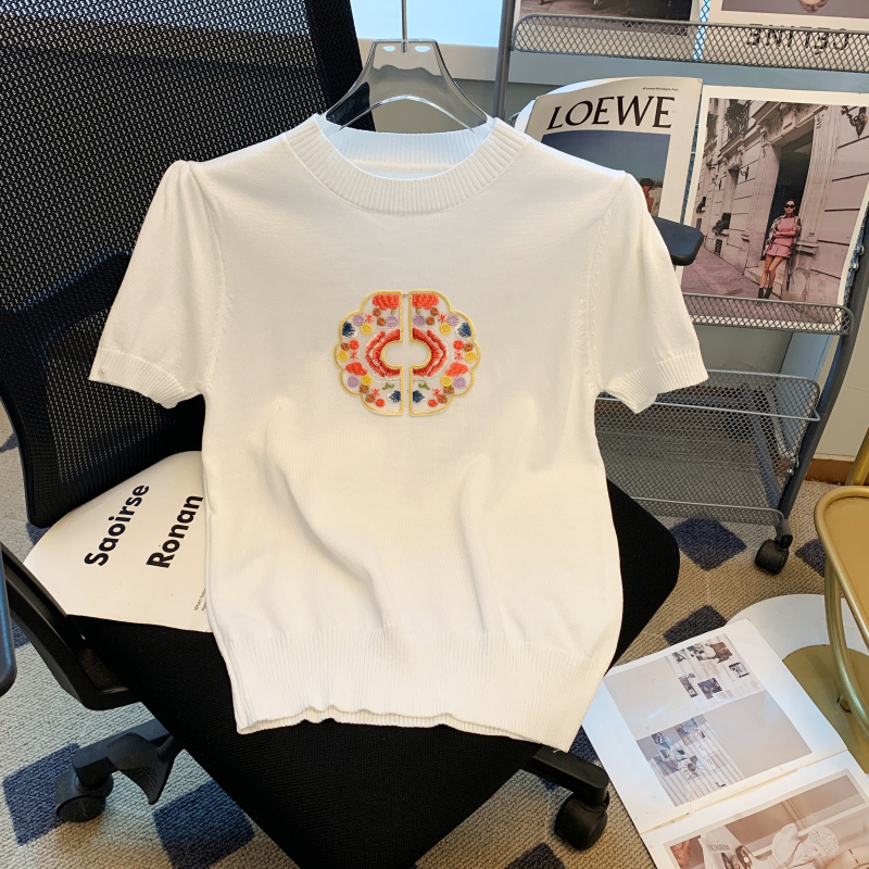 2024夏季新款刺繡新中式國風針織衫女短袖寬鬆洋氣立體肩針織衫