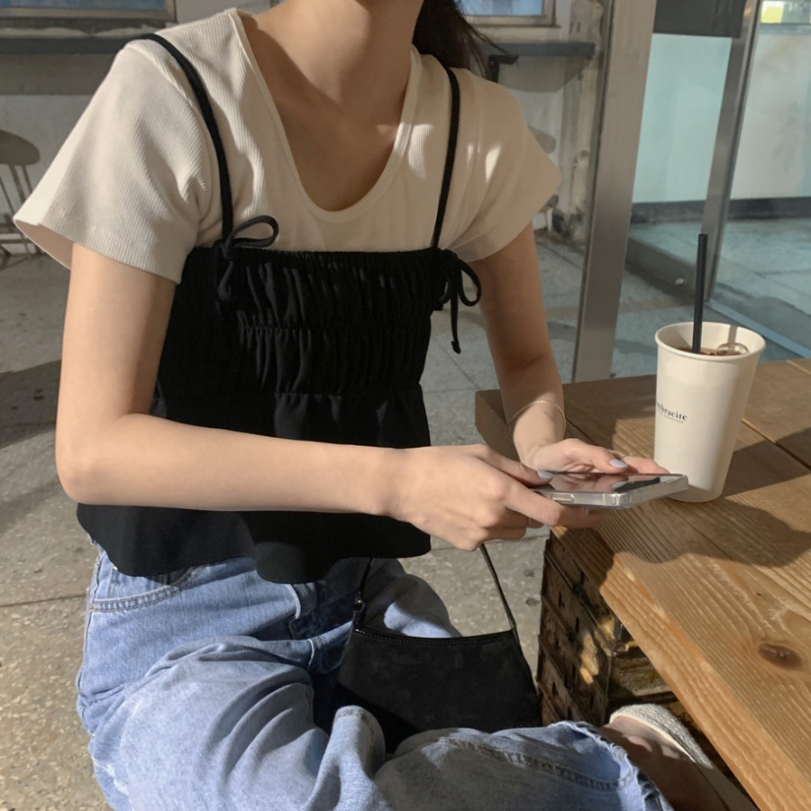 韓國chic溫柔少女感洋氣疊穿百搭打攬褶皺系帶吊帶背心上衣