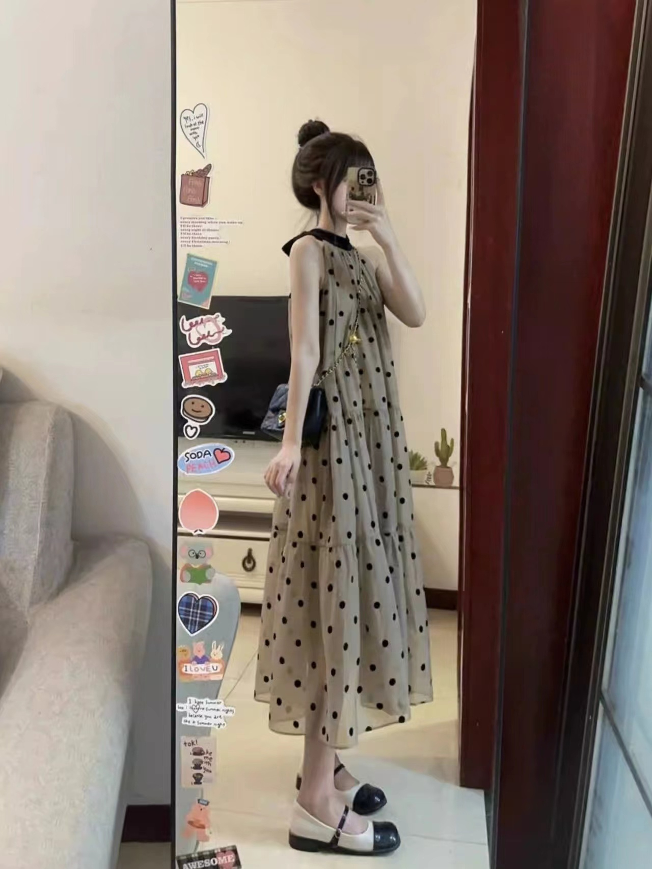 法式茶歇絕美圓點無袖背心長裙子女夏溫柔風設計感氣質掛脖連衣裙