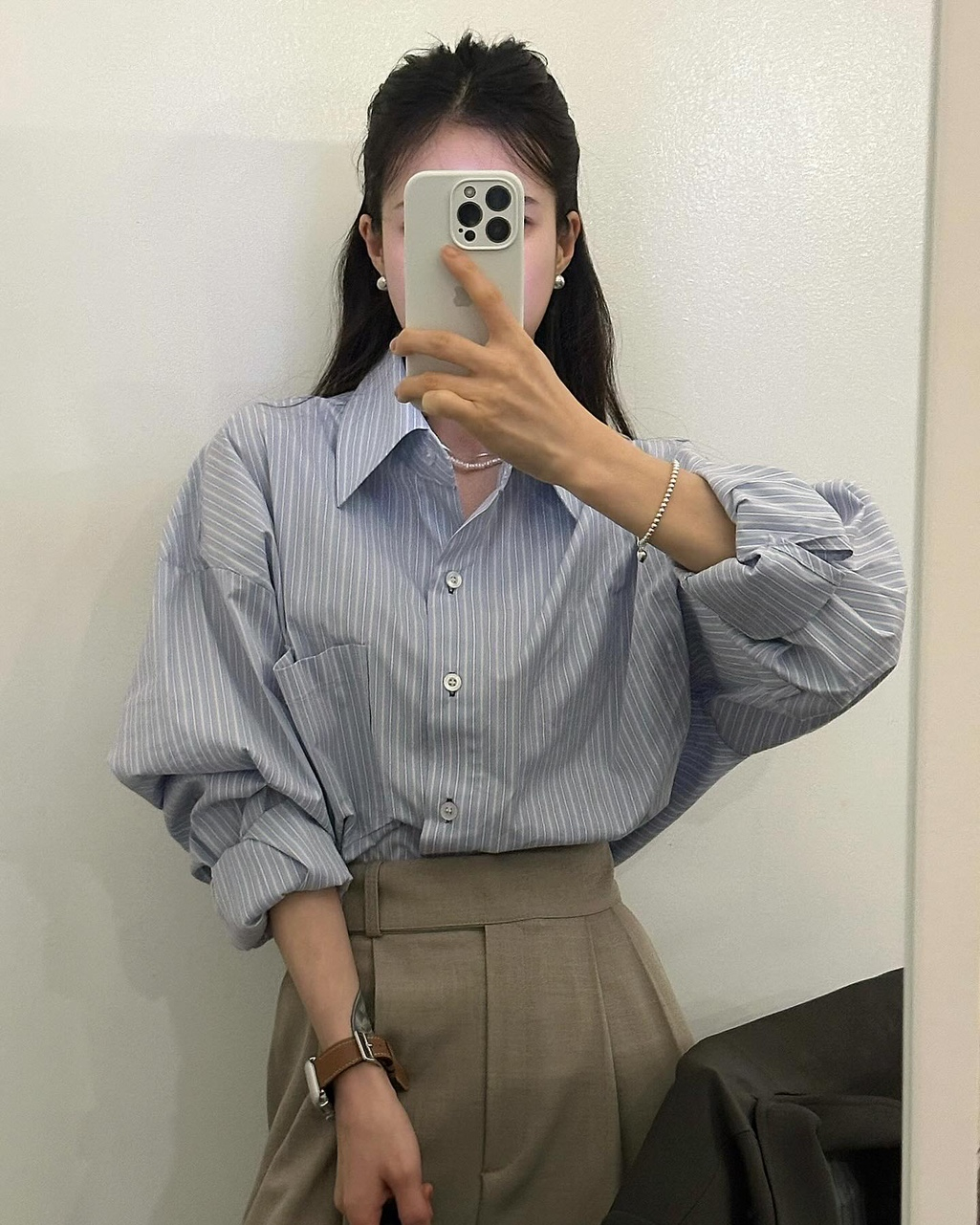 韓國chic早春冷淡風小眾 條紋襯衫女 長袖襯衣