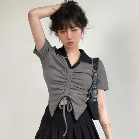 純欲風不規則V領短袖T恤夏季感抽繩美式辣妹短款POLO衫上衣女