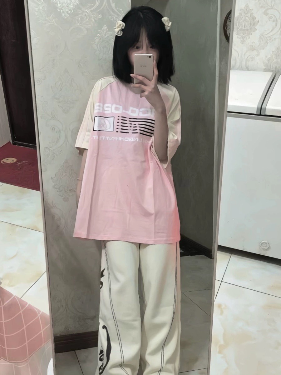 潮牌美式復古拼接撞色短袖t恤女夏季半袖2024新款設計感小眾上衣