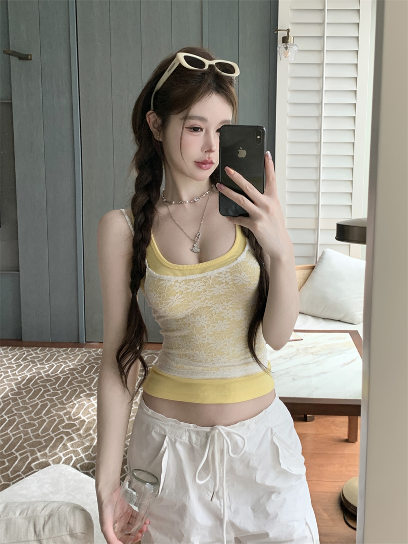 實拍 疊穿亮色背心套裝女美式夏季辣妹蕾絲修身顯瘦百搭吊帶