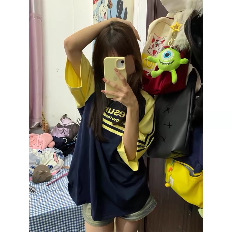 國潮美式高街拼接短袖t恤女夏季2024新款oversize寬鬆ins潮流上衣