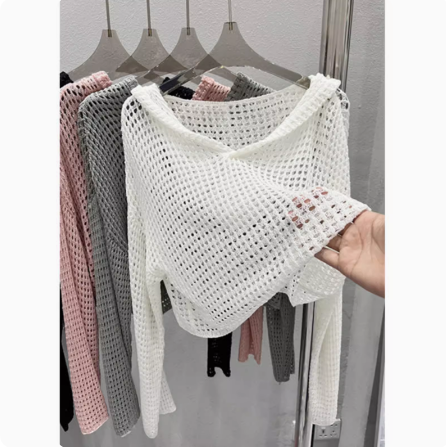 2024 new summer style short hooded hollow ice silk sweater women's thin long-sleeved loose top sun protection cover-up