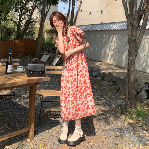 時尚連衣裙女夏短袖襯衫設計感小眾碎花拼色連衣裙