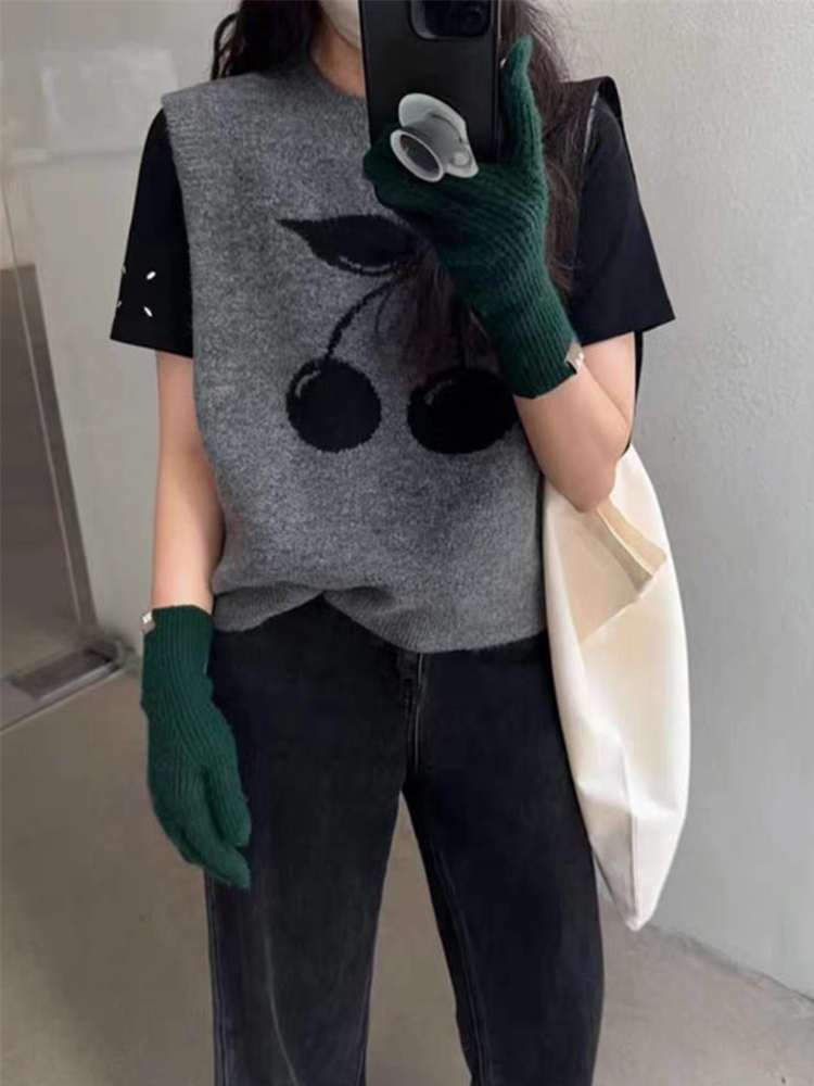 櫻桃針織馬甲背心女夏季外搭寬鬆慵懶風大碼無袖坎肩疊穿馬夾上衣