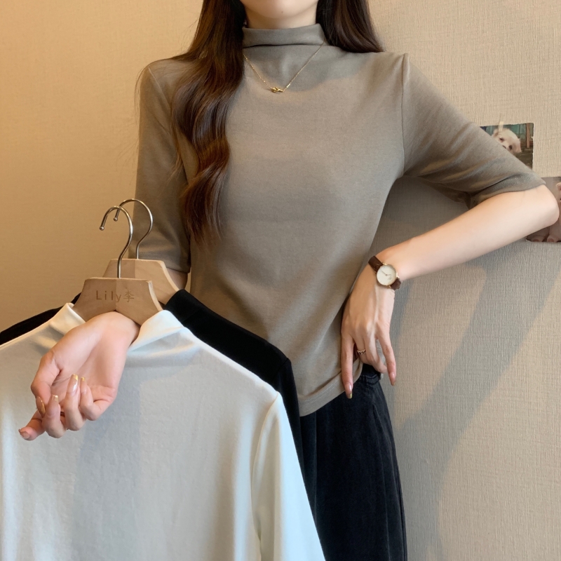 實拍  40支純棉 2024夏裝五分袖半高領打底衫女短袖T恤