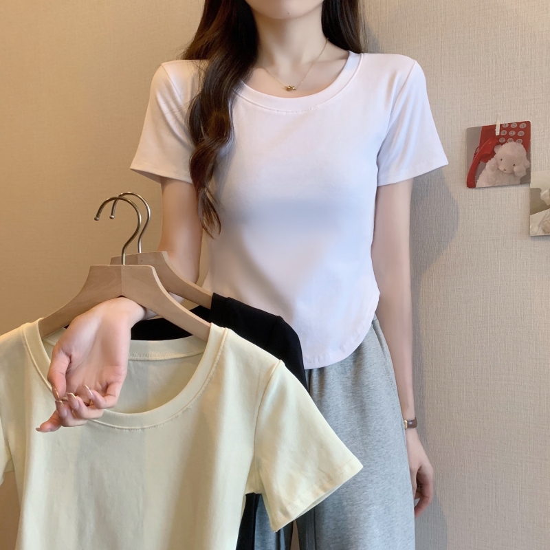 實拍  40支純棉 2024夏裝性感純欲風T恤奶黃色辣妹短袖女