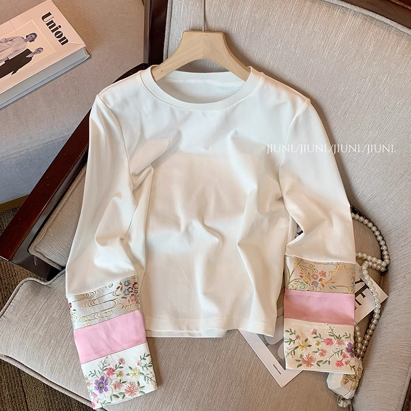 新中式刺繡拼接袖口長袖T恤女秋2024新款設計感小眾別致國風上衣