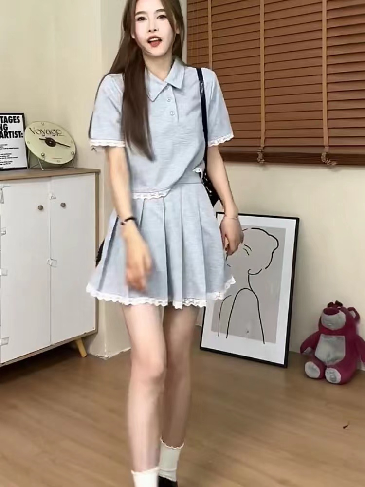 學院風夏季新款休閒顯瘦灰色上衣+高腰百褶半身短裙俏皮兩件套裝