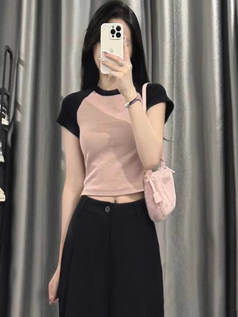 短款純色氣質正肩短袖T恤早春2024新款修身顯瘦打底上衣女潮學生