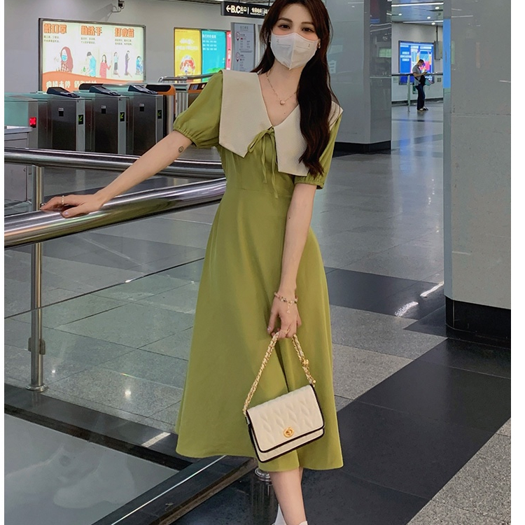 Official Photo New Large Size Retro Contrast Color Splicing Lace-up Dress Women's High Waist Slim Dress