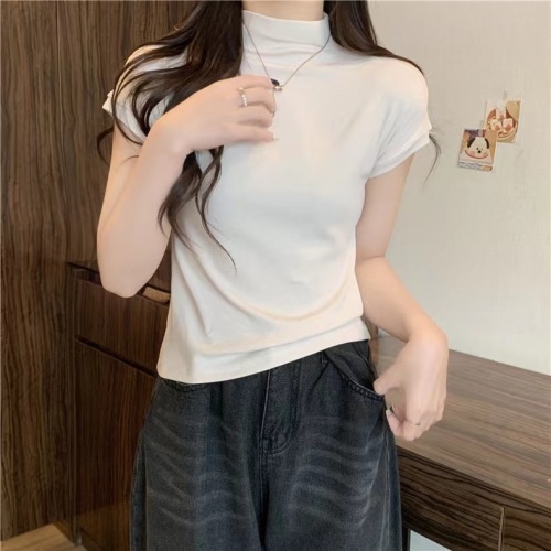 Real shot of pure desire half turtleneck T-shirt women's summer ins solid color top hot girl tight inner wear short-sleeved right shoulder bottoming shirt