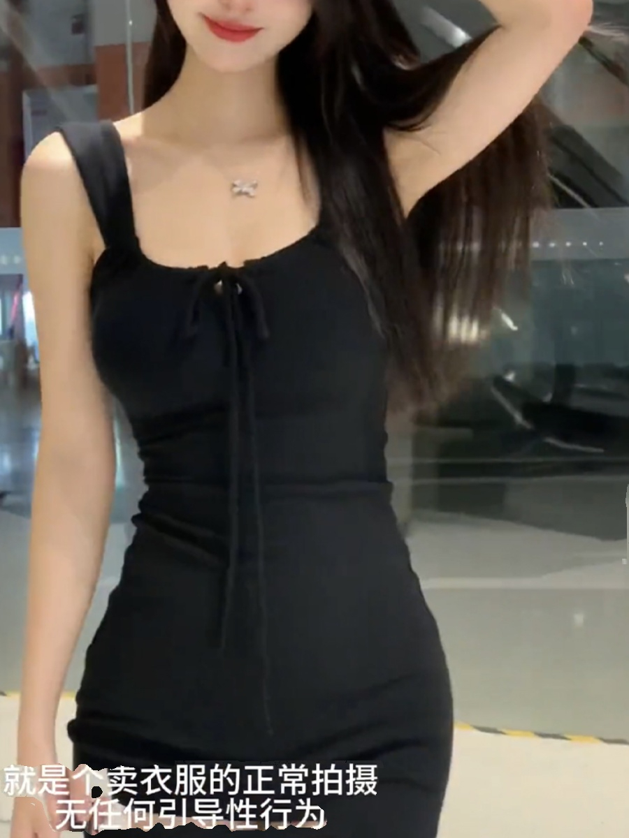 純欲風性感U領系帶吊帶裙女夏季新款修身顯瘦小眾包臀裙辣妹短裙