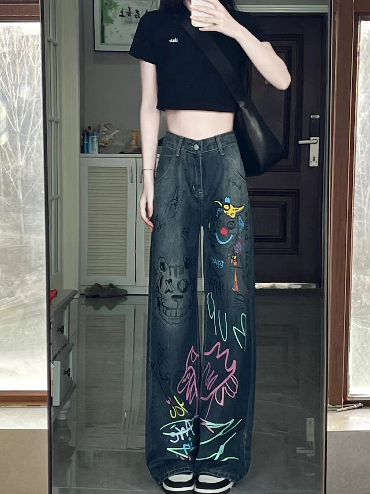 美式復古高街塗鴉牛仔褲子女春秋新款國潮小眾寬鬆顯瘦直筒闊腿褲