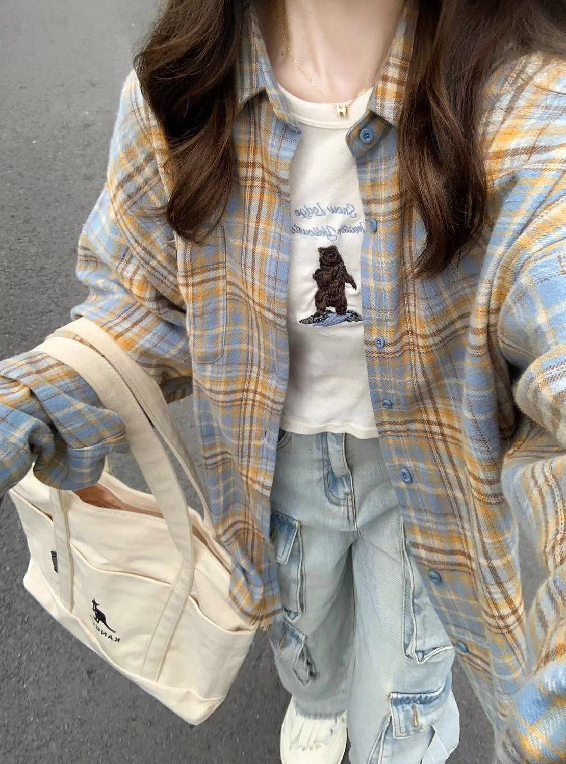 原版質量原版做法 兩個口袋多巴胺甜美奶黃色純棉格子襯衫女