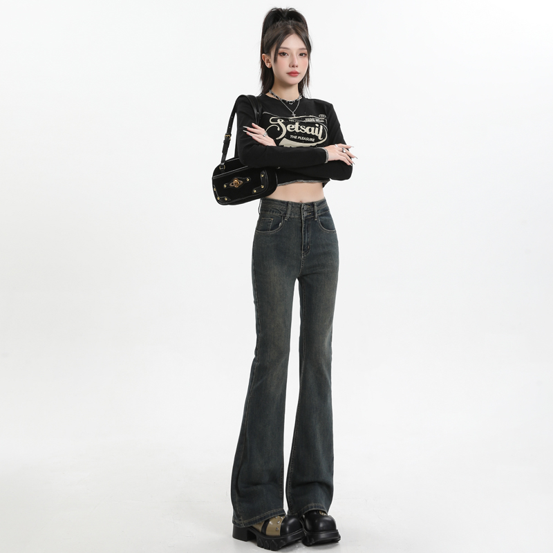 實拍2024春夏微喇牛仔褲女美式復古高腰顯瘦喇叭褲
