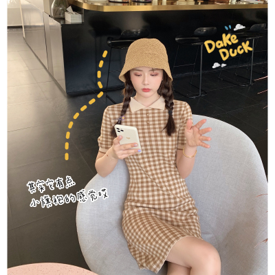 林珊珊 夏季新款可鹽可甜格紋翻領連衣裙女顯瘦減齡格子針織裙子