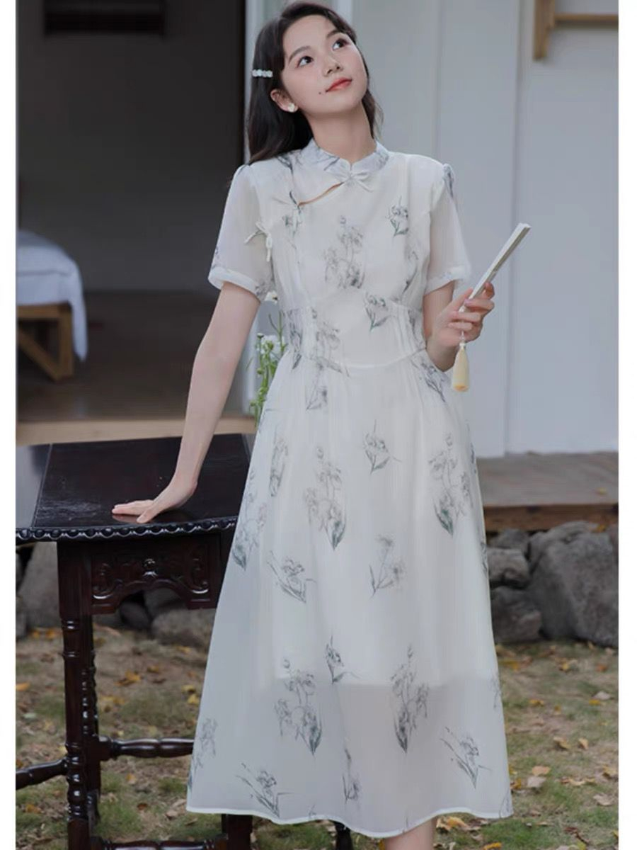 國風復古盤扣改良旗袍夏季設計感小眾雪紡連衣裙減齡泡泡袖短裙女