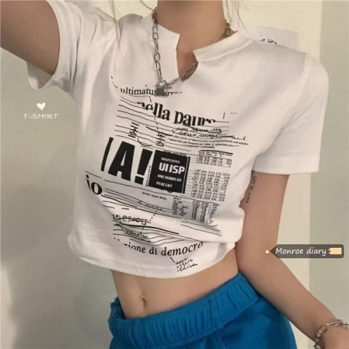 V领短袖T恤女夏季新款韩版修身短款辣妹露脐学生上衣ins