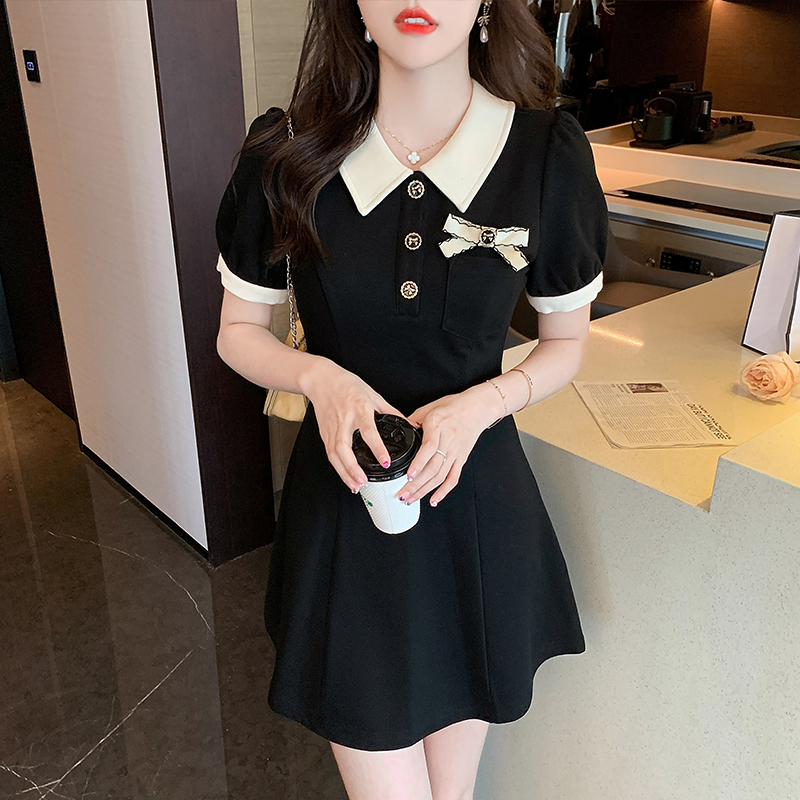 學院風甜美時尚polo領短袖連衣裙夏季新款女收腰顯瘦A字小黑裙