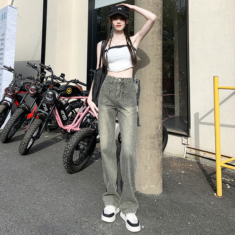 實拍2024春夏美式復古高腰設計感口袋牛仔女直筒闊腿拖地褲