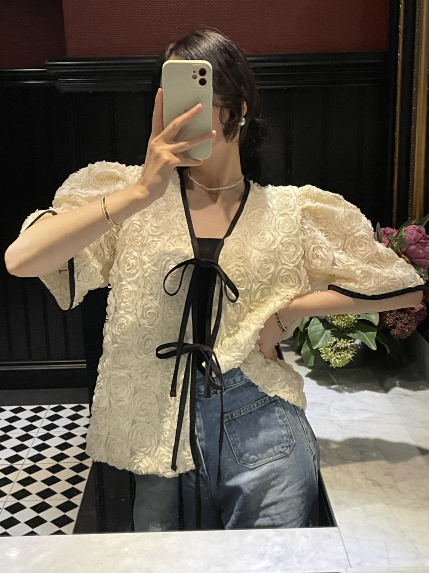 尺碼更新chic法式玫瑰花系帶泡泡袖外套女寬鬆氣質開衫