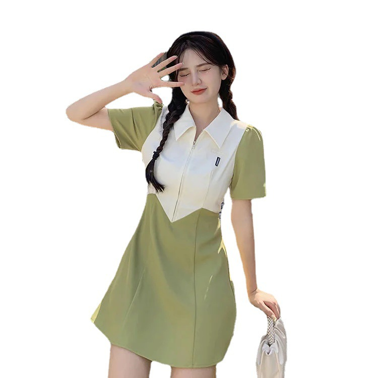 學院風2024撞色設計感開叉韓版連衣裙女新款POLO領收腰顯瘦短袖裙