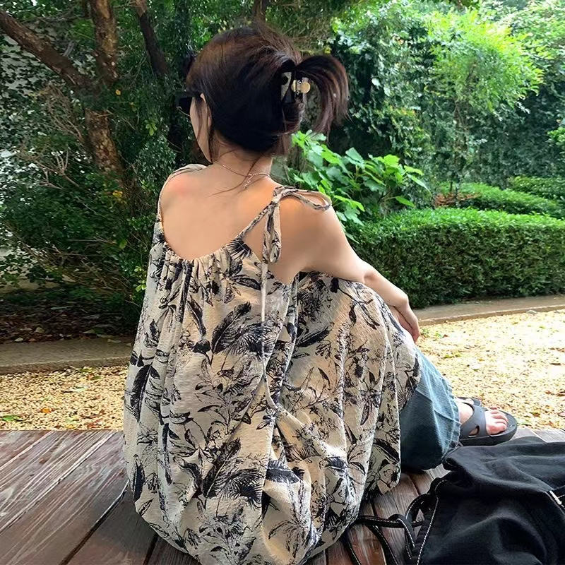 水墨印花吊帶裙沙灘裙夏季女復古碎花連衣裙中長款裙子